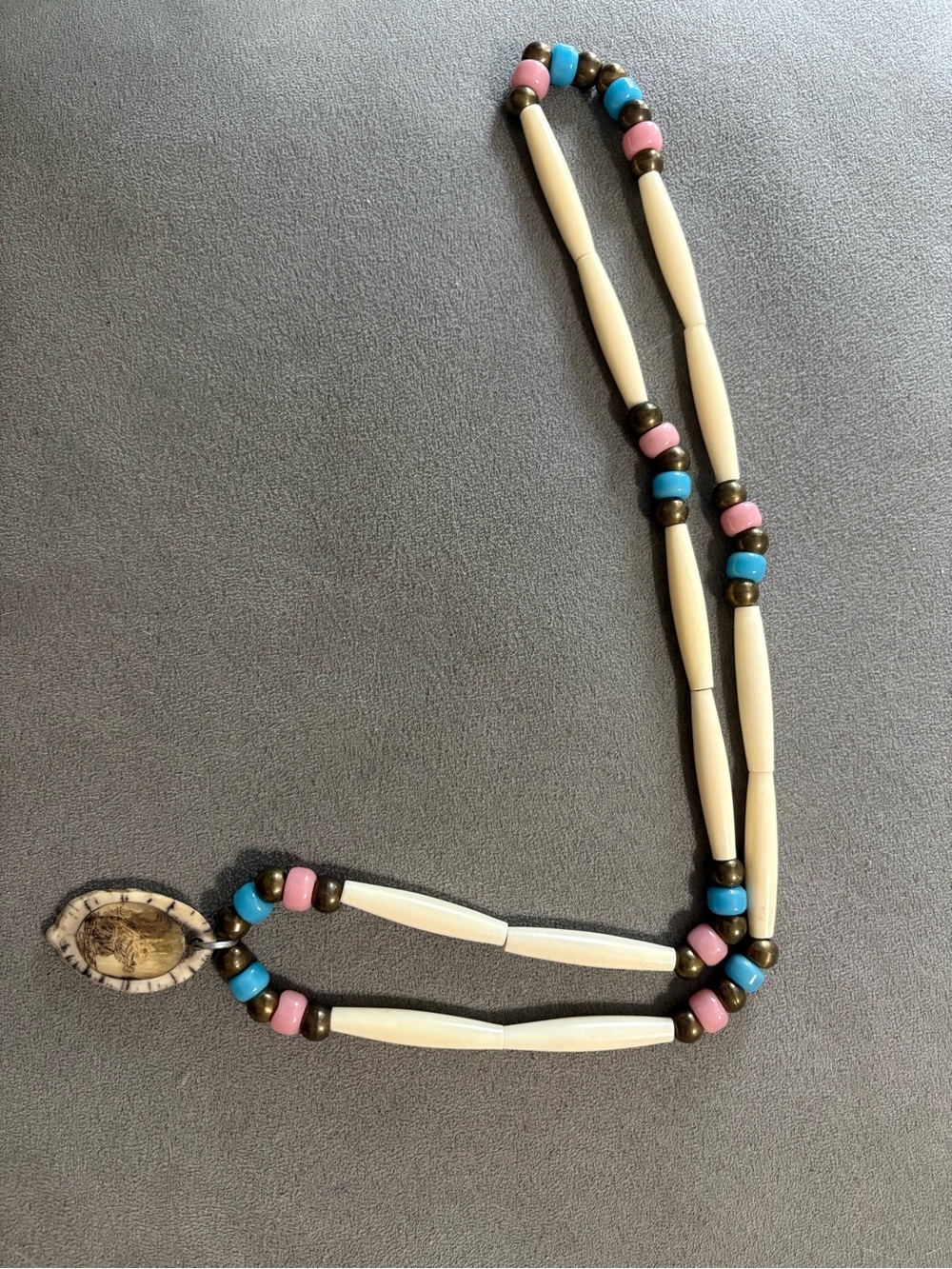Scrimshaw Etched Bone Pendant Squirrel Pipe Bone And Glass Bead Necklace 14”